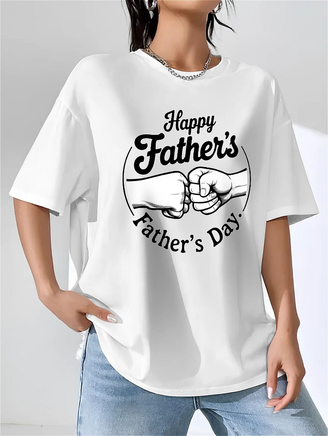 Happy Father's Day Parent-child Fist Bump Print Short Sleeve T-shirt, Fashionable and Casual Summer Style Short Sleeve, White Round Neck Loose Cotton, Soft Material, Suitable for Daily Wear
