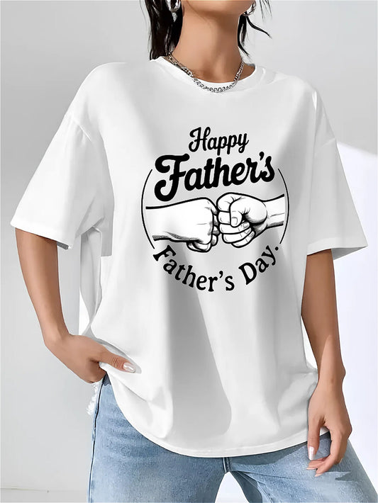 Happy Father's Day Parent-child Fist Bump Print Short Sleeve T-shirt, Fashionable and Casual Summer Style Short Sleeve, White Round Neck Loose Cotton, Soft Material, Suitable for Daily Wear