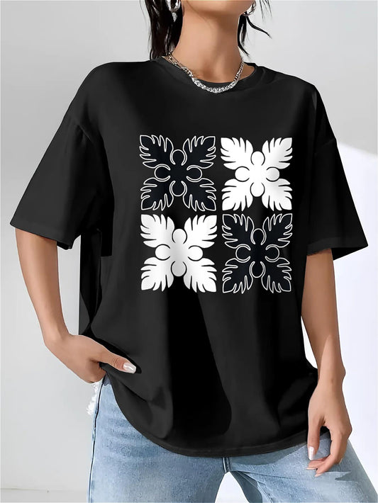 Modern Hawaiian Ulu Patchwork Graphic Print T-shirt, Women's Fashion Casual Summer Style Short Sleeve, Black Round Neck Loose Cotton, Soft Material, Suitable for Daily Wear
