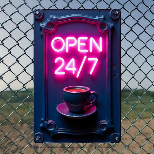 "OPEN 24/7" funny metal tin sign, novelty plaque decoration, suitable for home decoration, wall decoration, bathroom decoration, bar decoration, garage decoration, farmhouse decoration, a good gift for people, 20cm*30cm