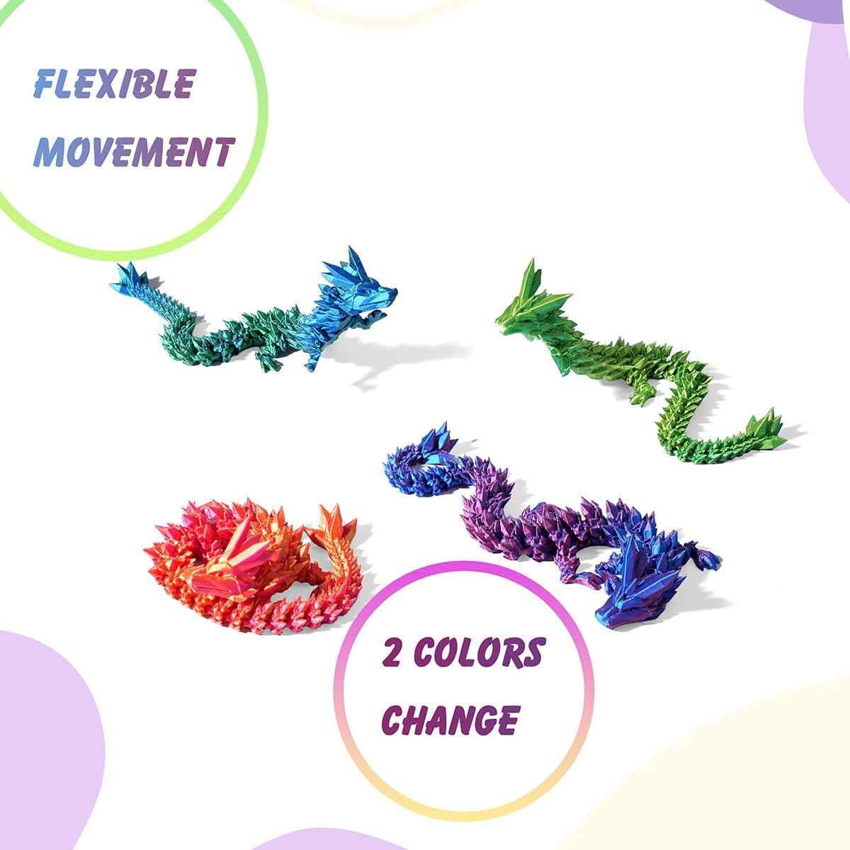 2PCS 12" 3D Printed Dragon, 3D Animals, 3D Fidget Toy, Autism Toys, 3D Dragon, 3D Printing Dragon for Home Office Decor Executive Desk Toys