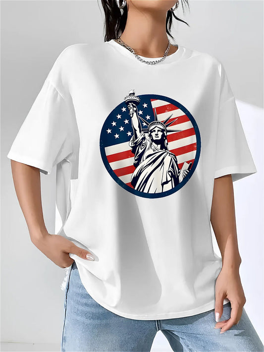Fashion casual T-shirt, cool Statue of Liberty print, summer style short sleeve, black round neck loose cotton, soft material, suitable for daily wear