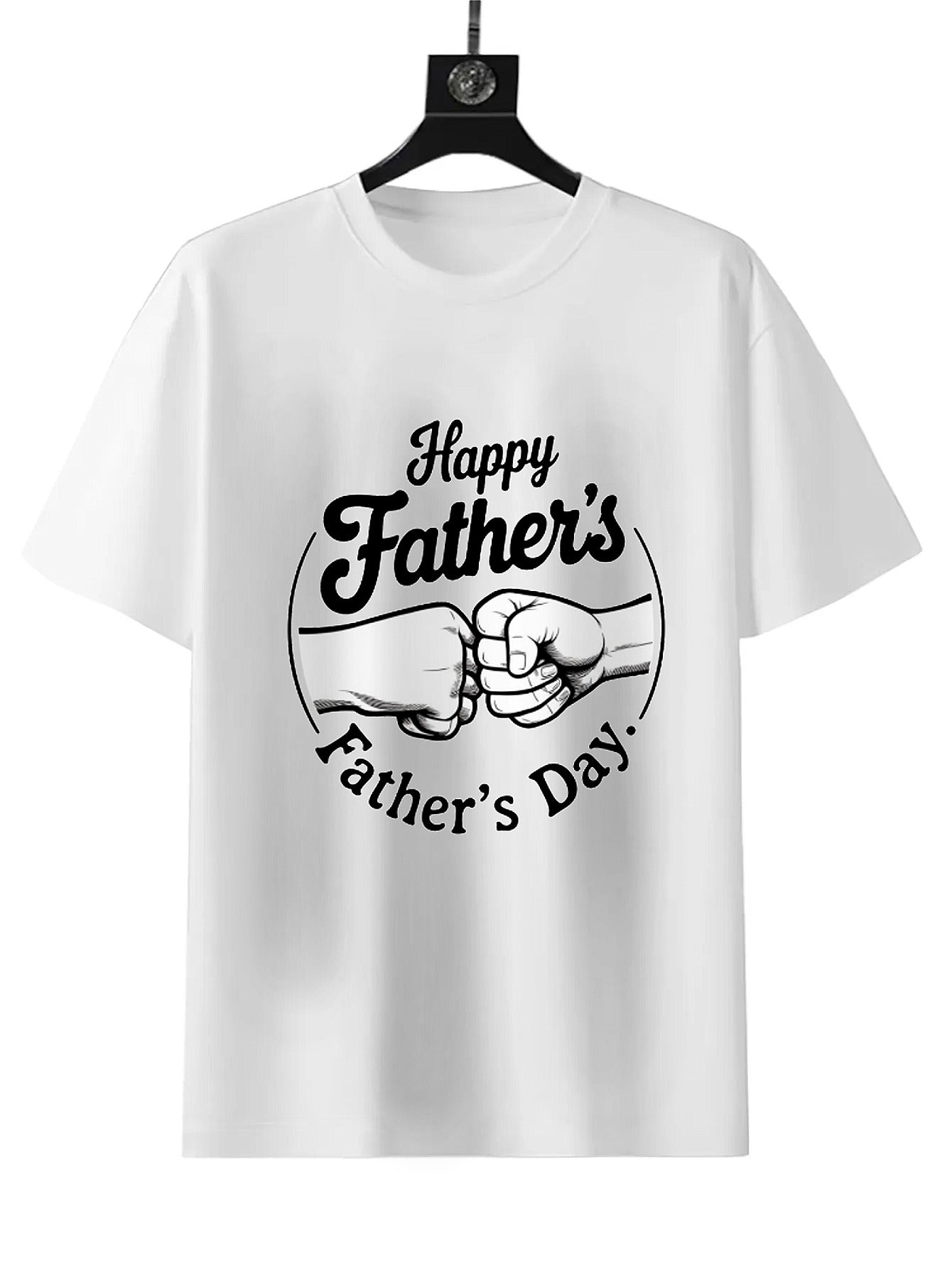 Happy Father's Day Parent-child Fist Bump Print Short Sleeve T-shirt, Fashionable and Casual Summer Style Short Sleeve, White Round Neck Loose Cotton, Soft Material, Suitable for Daily Wear