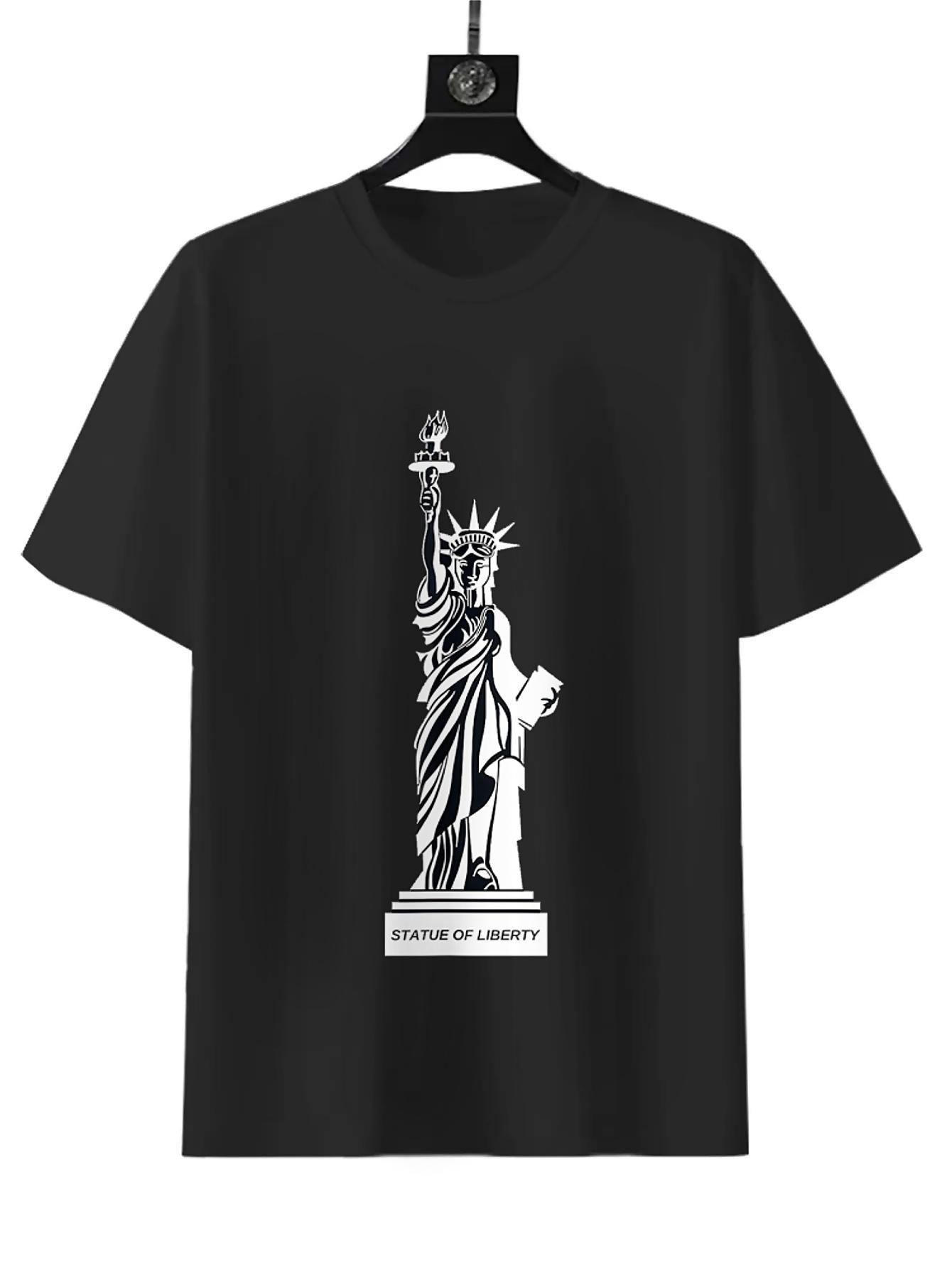 Statue of Liberty Print T-shirt, Women's Fashion Casual Summer Style Short Sleeve, Black Round Neck Loose Cotton, Soft Material, Suitable for Daily Wear