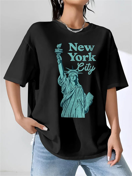 New York City Statue of Liberty Print T-shirt, Women's Fashion Casual Summer Style Short Sleeve, Black Round Neck Loose Cotton, Soft Material, Suitable for Daily Wear