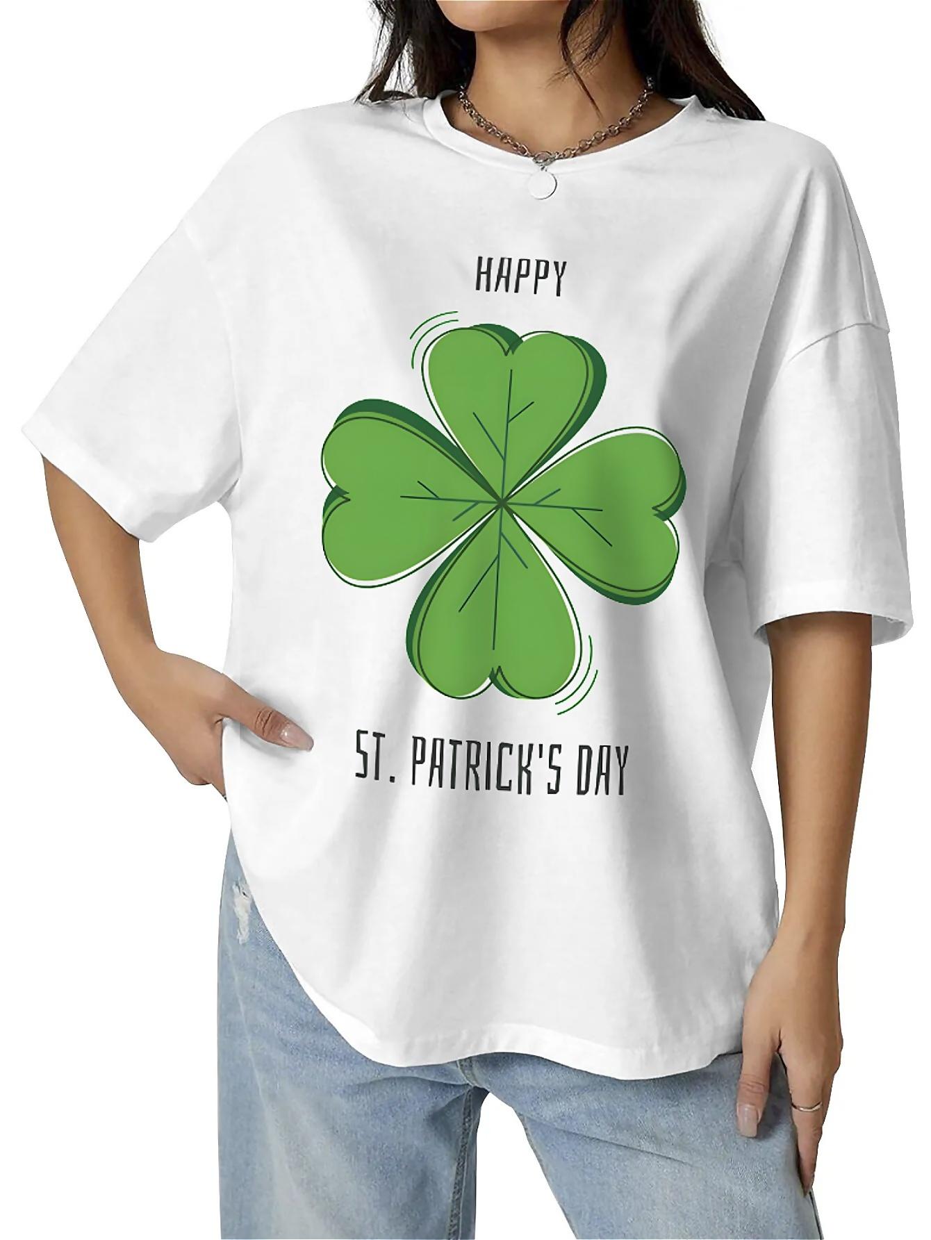 Hot!Lucky four-leaf clover print, happy St. Patrick's Day, 180g pure cotton women's loose T-shirt, suitable for daily casual outing