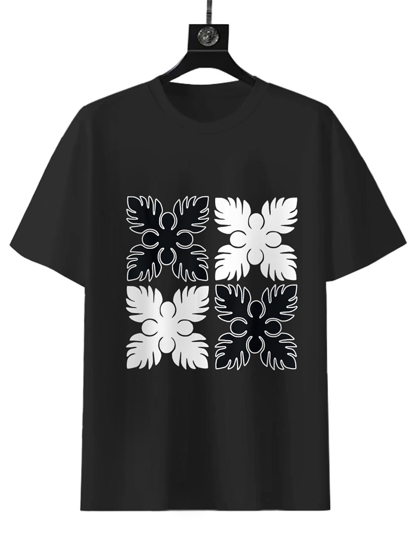 Modern Hawaiian Ulu Patchwork Graphic Print T-shirt, Women's Fashion Casual Summer Style Short Sleeve, Black Round Neck Loose Cotton, Soft Material, Suitable for Daily Wear