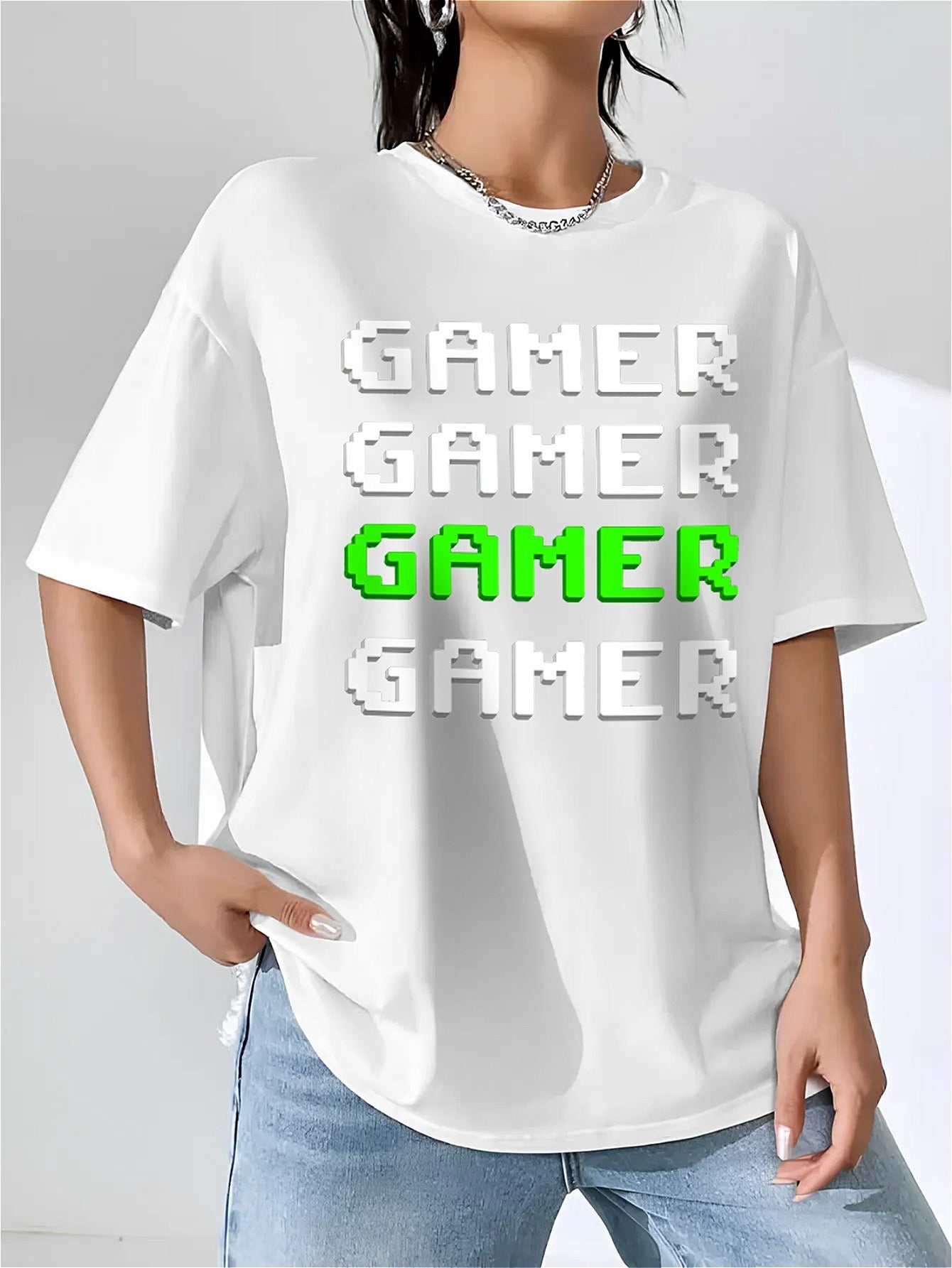 Pixel game print T-shirt, fashionable and casual print, summer style short sleeve, white round neck loose cotton, soft material, suitable for daily wear