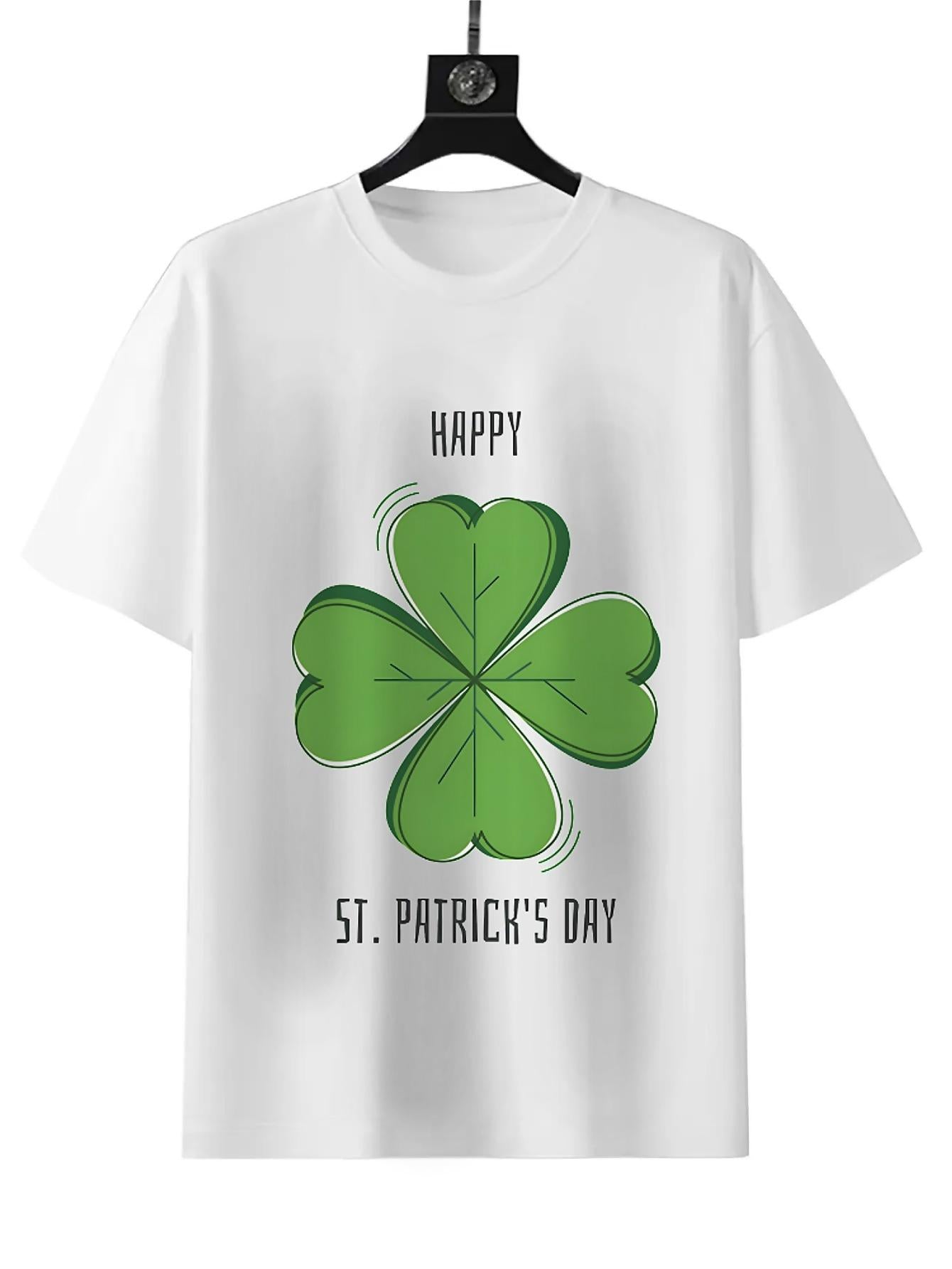 Hot!Lucky four-leaf clover print, happy St. Patrick's Day, 180g pure cotton women's loose T-shirt, suitable for daily casual outing