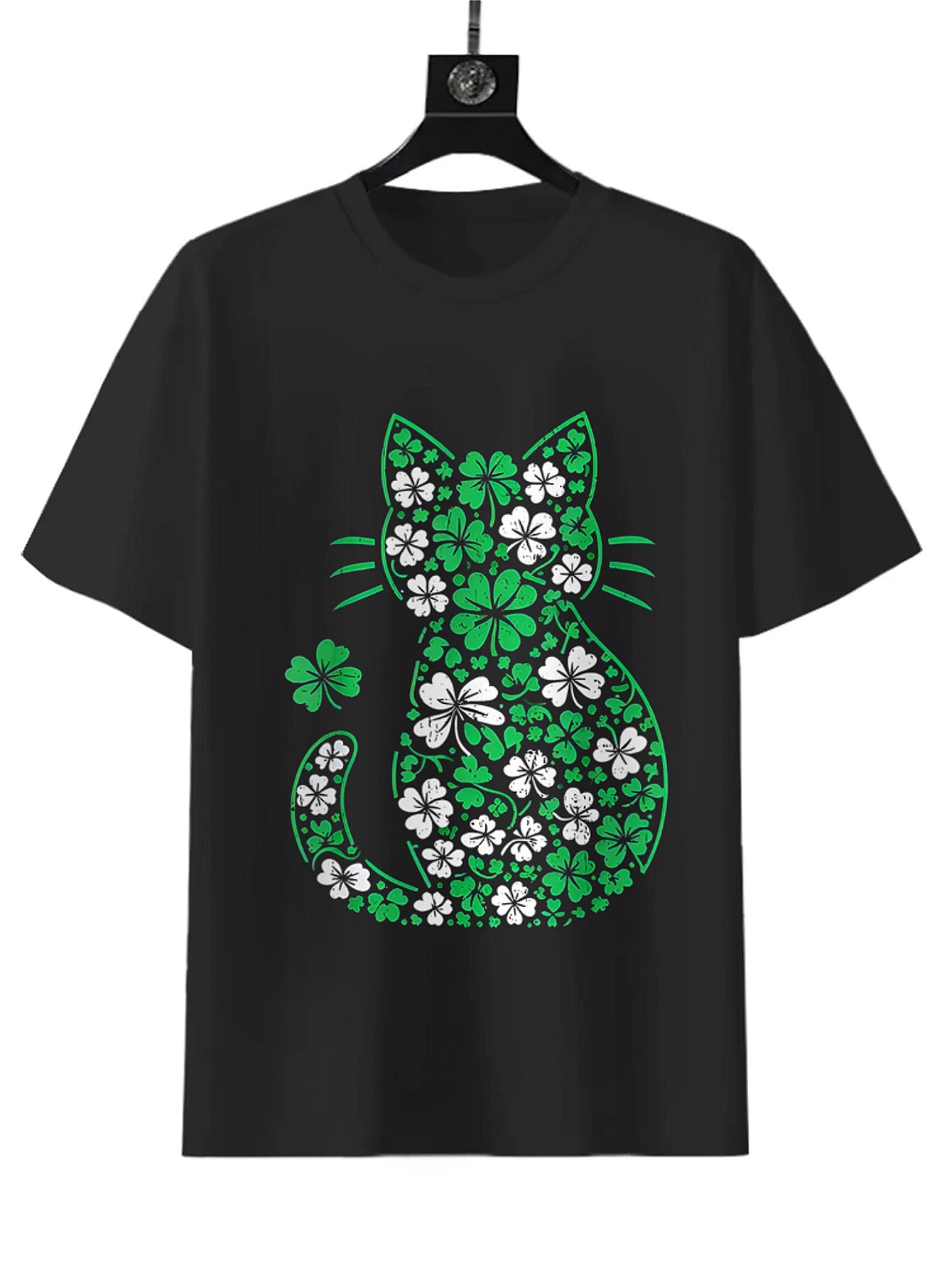 Cat print short sleeves, summer style short sleeve black round neck loose cotton T-shirt, soft material, suitable for daily wear