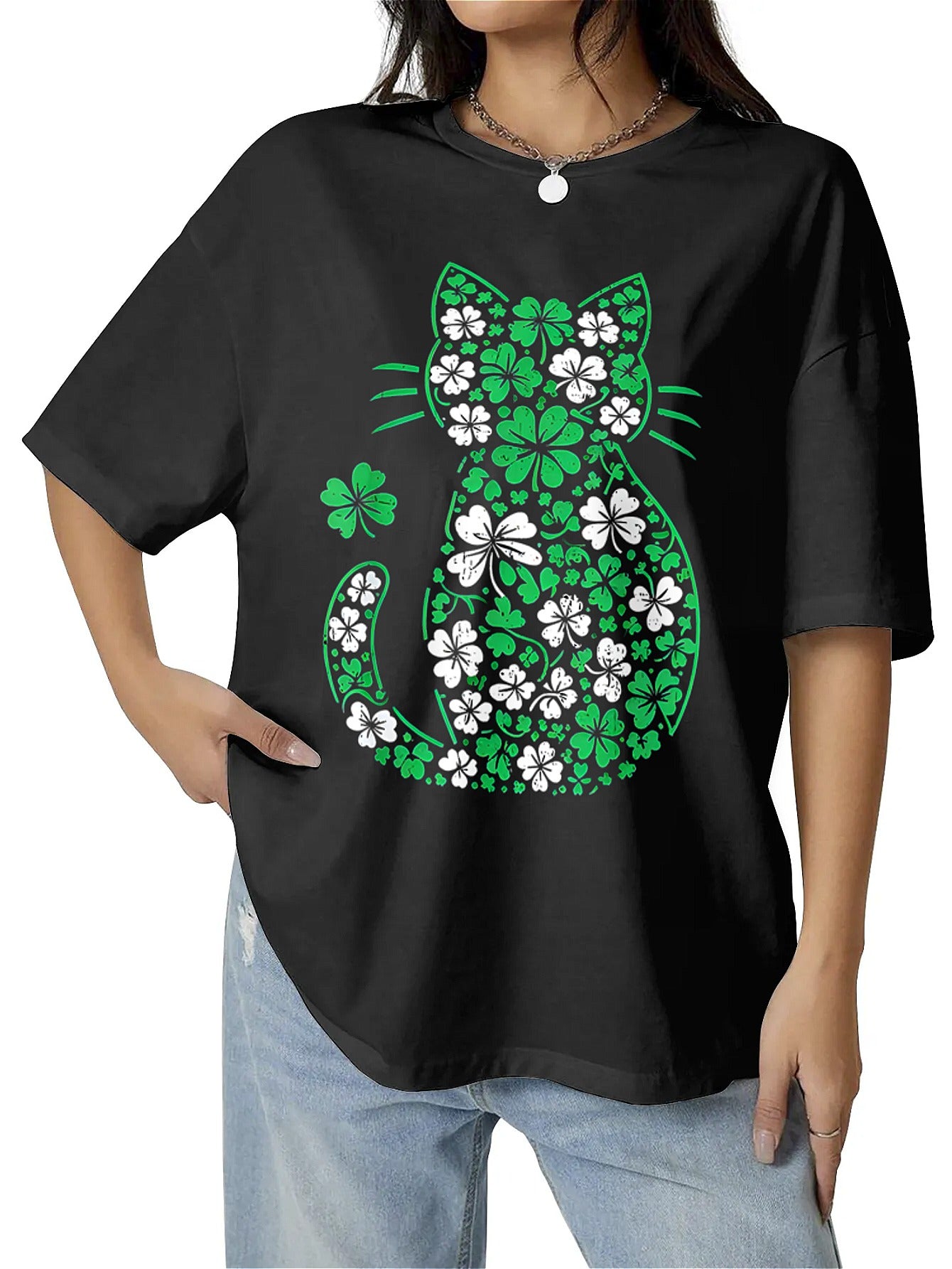 Cat print short sleeves, summer style short sleeve black round neck loose cotton T-shirt, soft material, suitable for daily wear