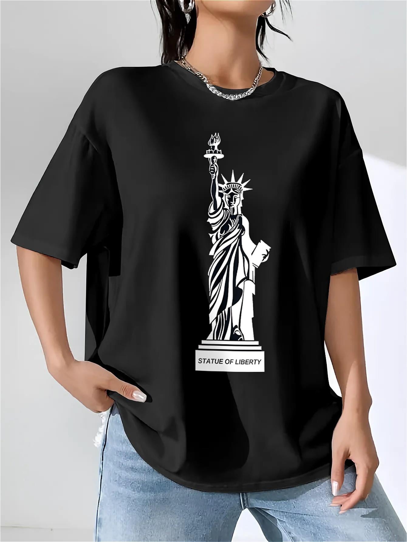 Statue of Liberty Print T-shirt, Women's Fashion Casual Summer Style Short Sleeve, Black Round Neck Loose Cotton, Soft Material, Suitable for Daily Wear