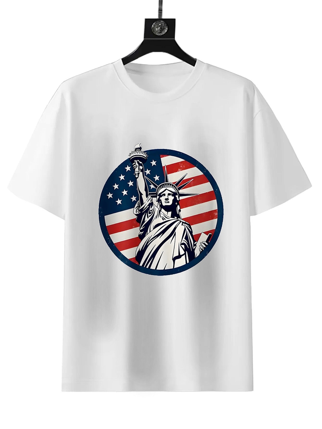 Fashion casual T-shirt, cool Statue of Liberty print, summer style short sleeve, black round neck loose cotton, soft material, suitable for daily wear