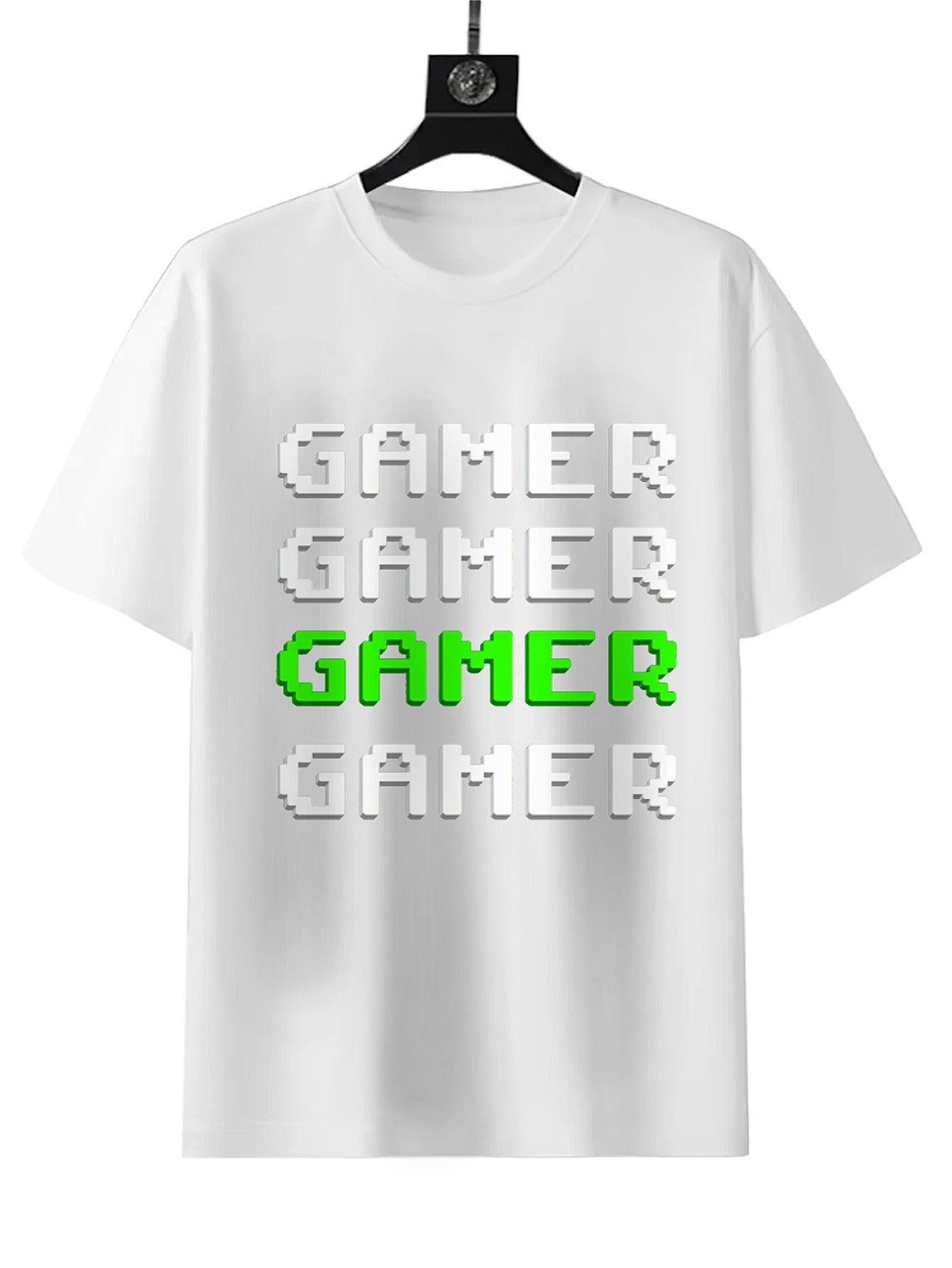 Pixel game print T-shirt, fashionable and casual print, summer style short sleeve, white round neck loose cotton, soft material, suitable for daily wear