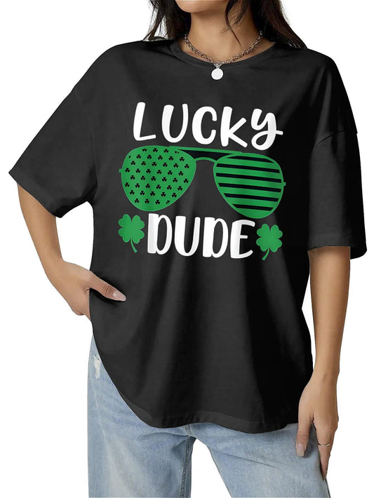 LUCK graffiti print short sleeves, neon street style, summer short sleeve black round neck loose cotton T-shirt, soft material, suitable for daily wear