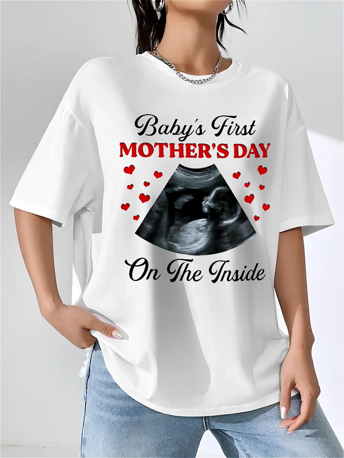 Baby's first Mother's Day print in the mother's belly, summer short sleeves, white round neck loose cotton, soft material, suitable for daily wear