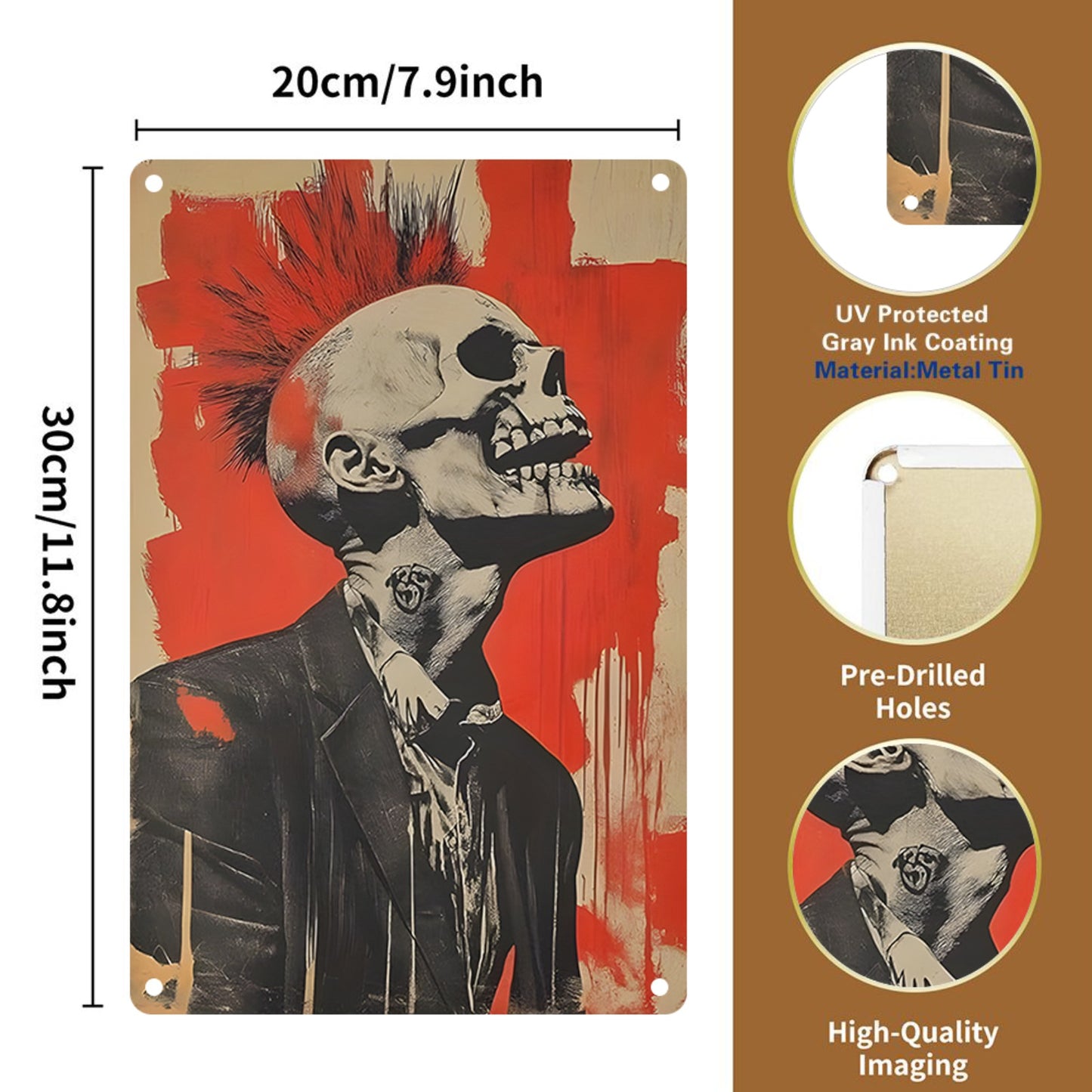 8" x 12" punk rock skull style metal tin plate painting, durable, wear-resistant and rust-resistant, suitable for garage, home, bar, club, farm decoration, a good gift