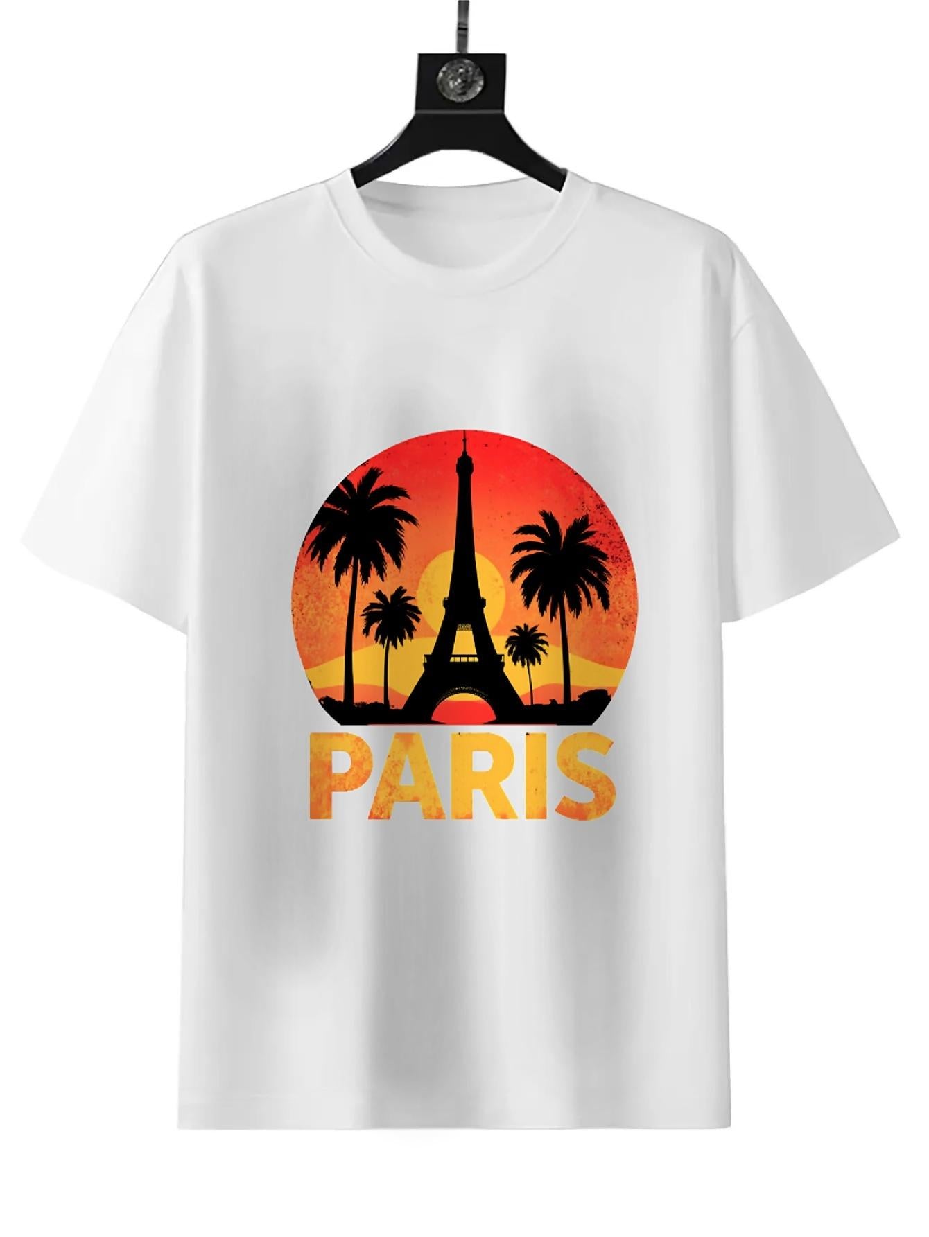 France Paris Eiffel Tower Retro Print T-shirt, Fashion Casual Summer Style Short Sleeve, White Round Neck Loose Cotton, Soft Material, Suitable for Daily Wear