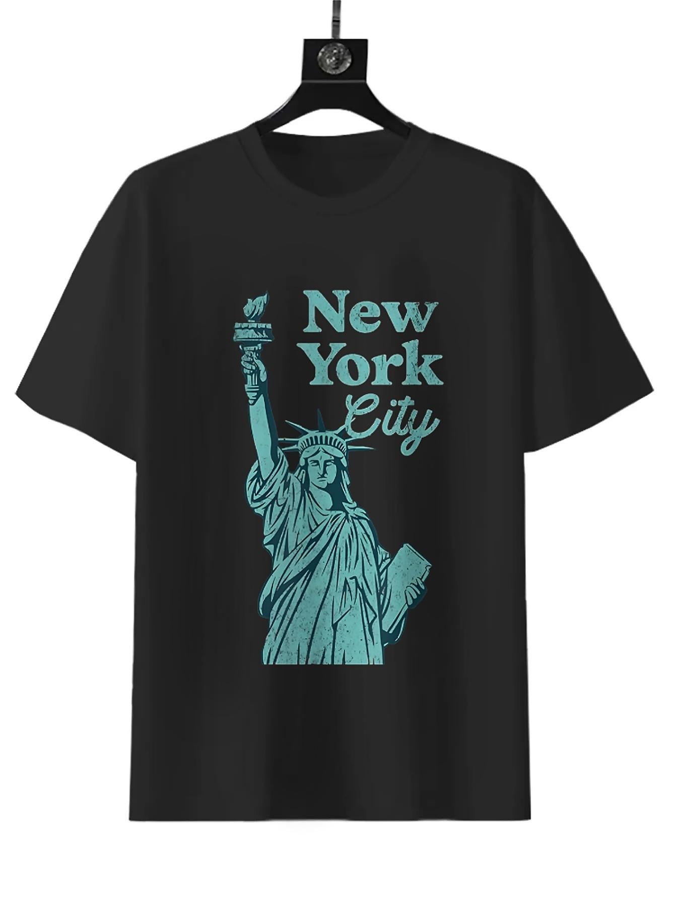 New York City Statue of Liberty Print T-shirt, Women's Fashion Casual Summer Style Short Sleeve, Black Round Neck Loose Cotton, Soft Material, Suitable for Daily Wear
