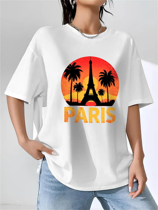France Paris Eiffel Tower Retro Print T-shirt, Fashion Casual Summer Style Short Sleeve, White Round Neck Loose Cotton, Soft Material, Suitable for Daily Wear
