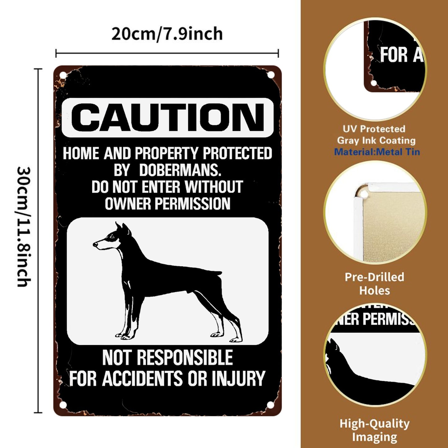 8" x 12" Attention Doberman Warning Do Not Enter, Metal Sign, Durable, Wear-resistant, Rust-resistant, Suitable for garden, living room, bar, garage and other decorations, a good gift