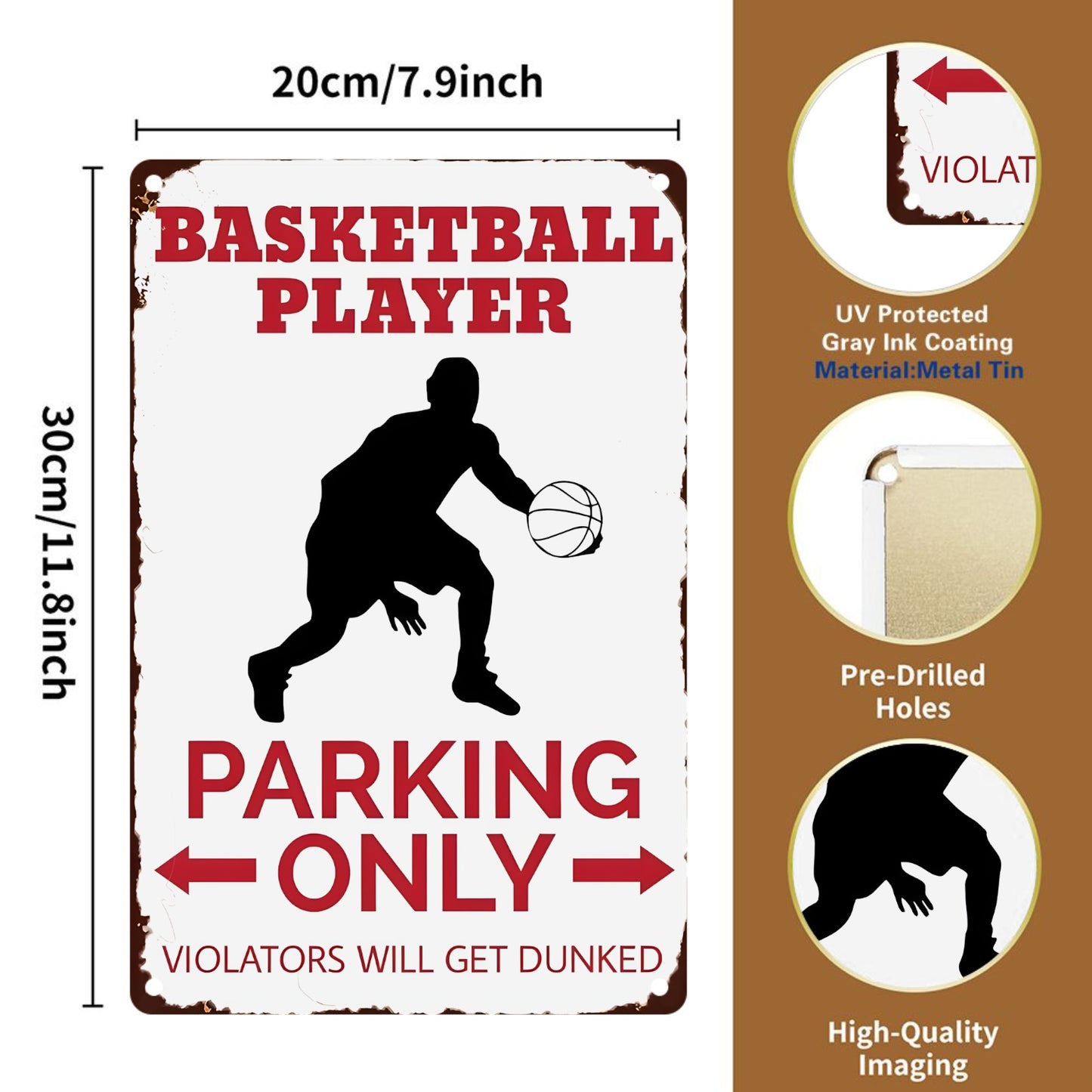 Hot !8" x 12" Basketball Players Only Parking Sign, Funny Arrow Instructions, Violators Will Be Dunked Sign, Durable, Wear-resistant, Rust-resistant, Suitable for Garden, Room, Living Room, Bar, Garage and other decorations, A Good Gift