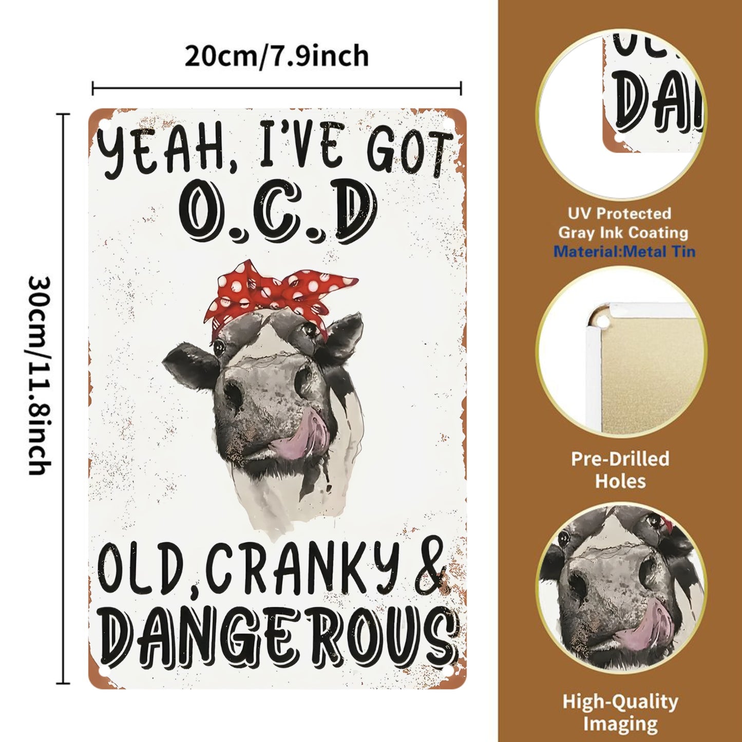 8" x 12" Funny Slogan "Yeah I've Got OCD Old Cranky & Dangerous" Tinplate Sign, durable, wear-resistant, rust-resistant, suitable for room, living room, bar, garage decoration, a perfect gift