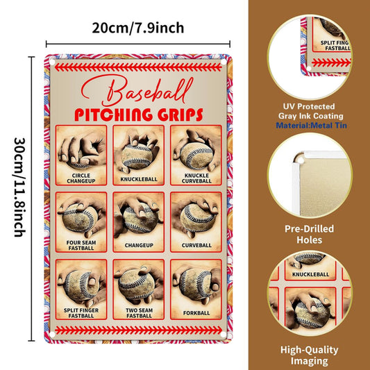 8" x 12" Baseball Pitching Grip Vintage Metal Tinplate Sign, Durable, Wear-resistant, Rust-resistant, Suitable for Room, Living Room, Bar, Garage and other decorations, a good gift