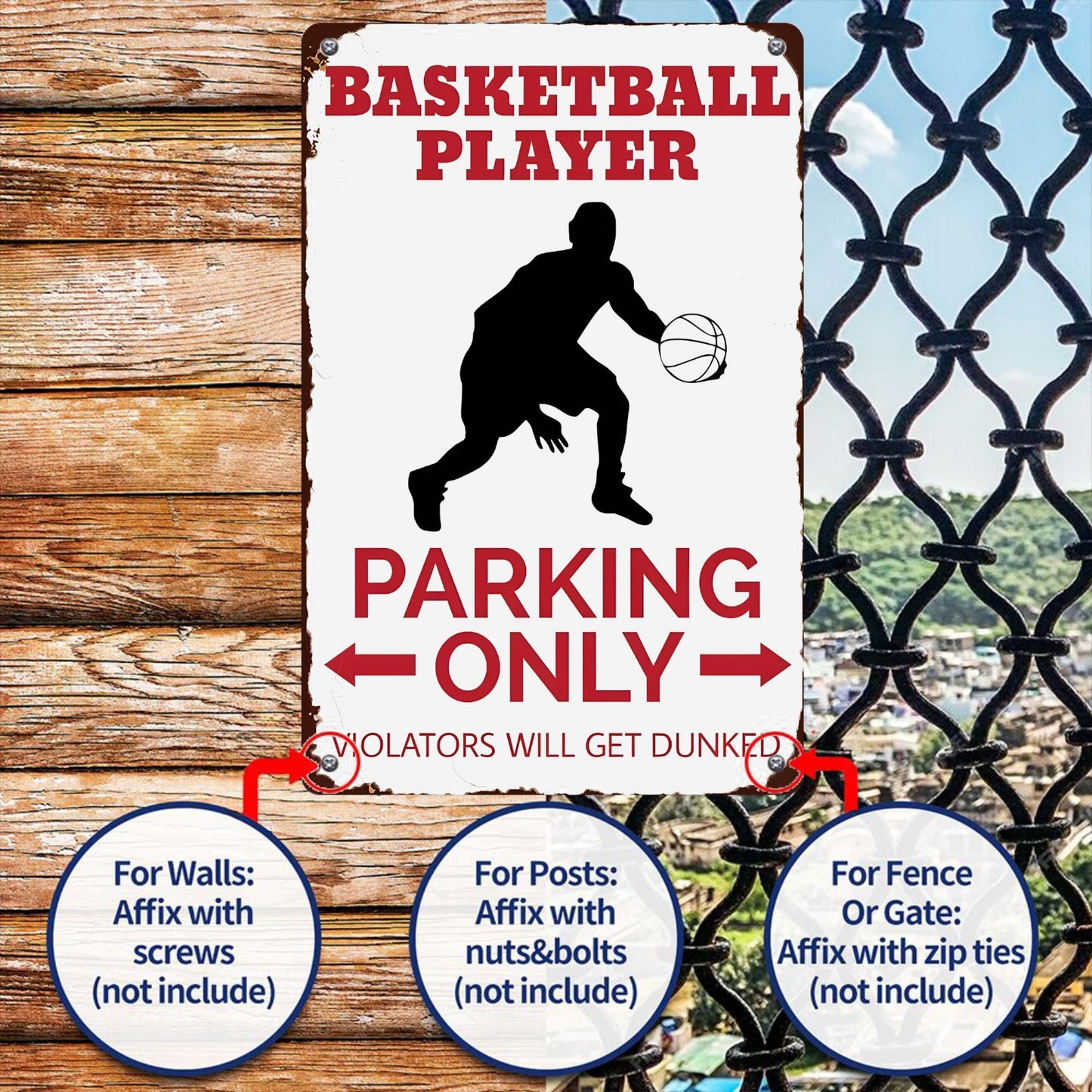 Hot !8" x 12" Basketball Players Only Parking Sign, Funny Arrow Instructions, Violators Will Be Dunked Sign, Durable, Wear-resistant, Rust-resistant, Suitable for Garden, Room, Living Room, Bar, Garage and other decorations, A Good Gift